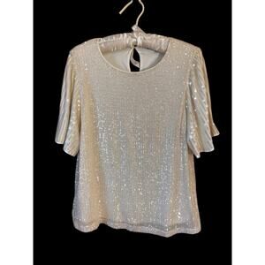 CABLE & GAUGE Women’s Sequin Lined Short Sleeve Top Whisper Cream Ivory Size L